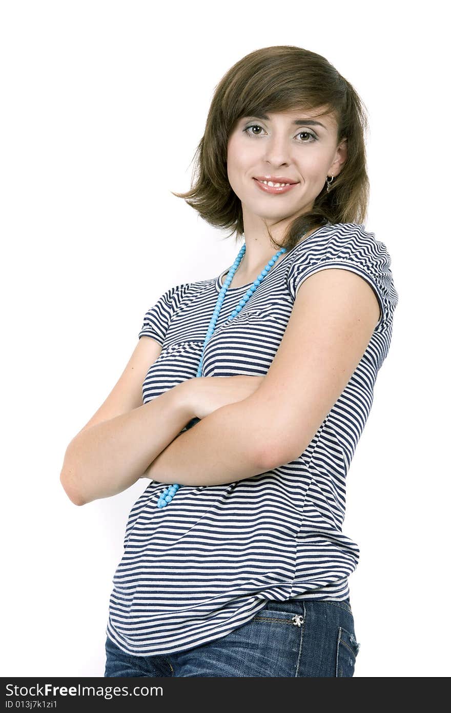 Young attractive woman on white background