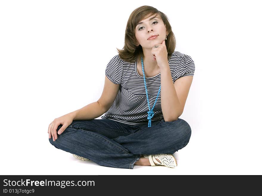 Young attractive woman on white background