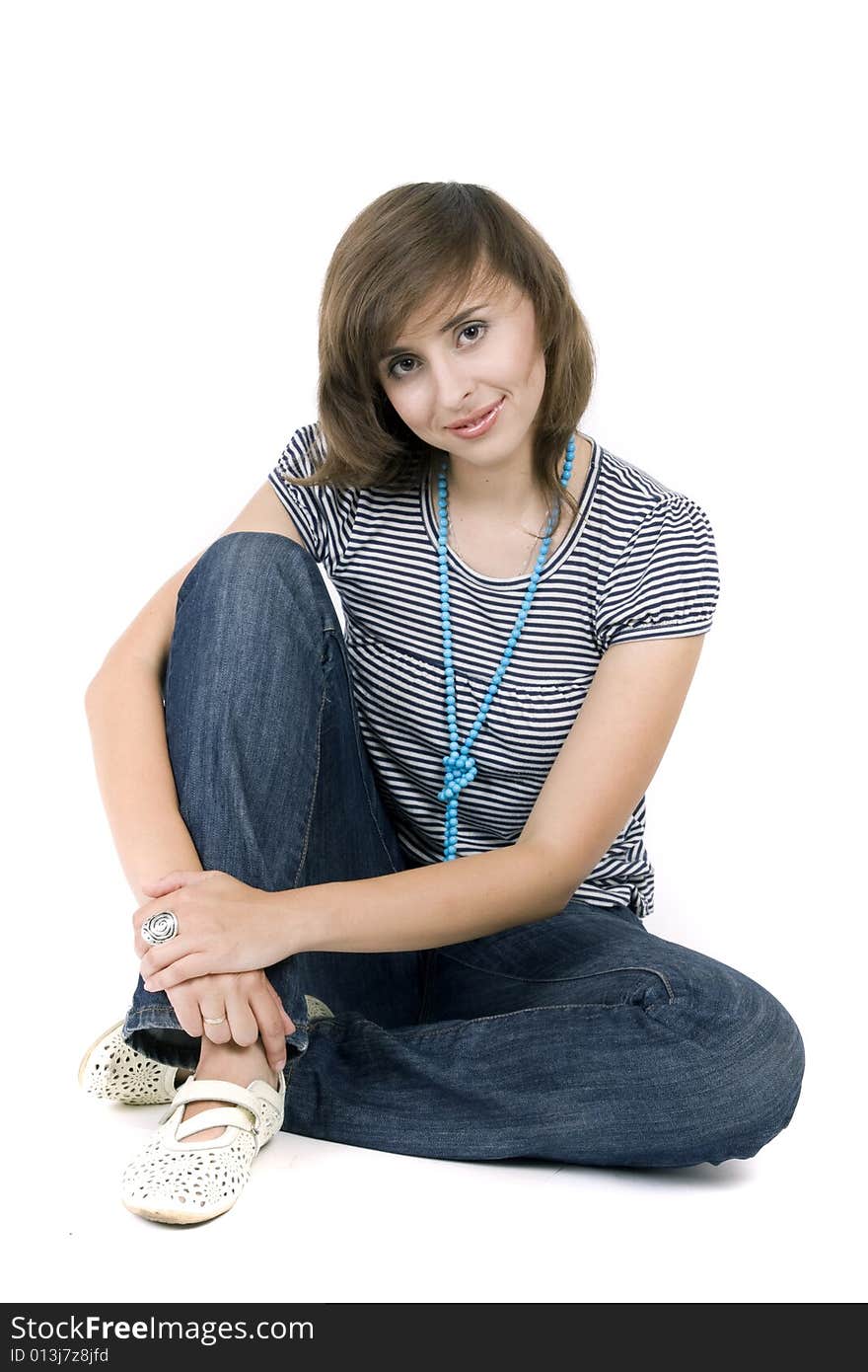 Young attractive woman on white background