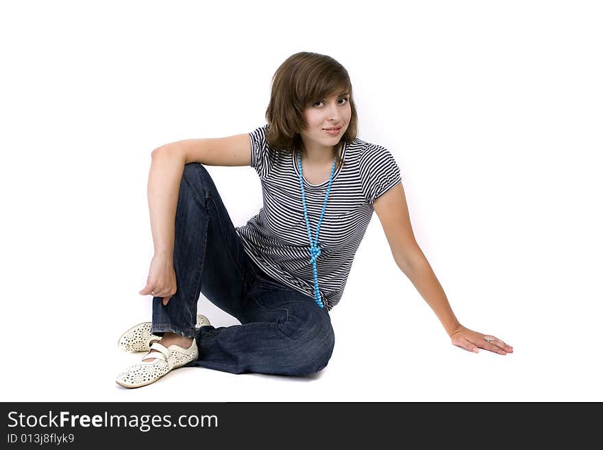 Young attractive woman on white background