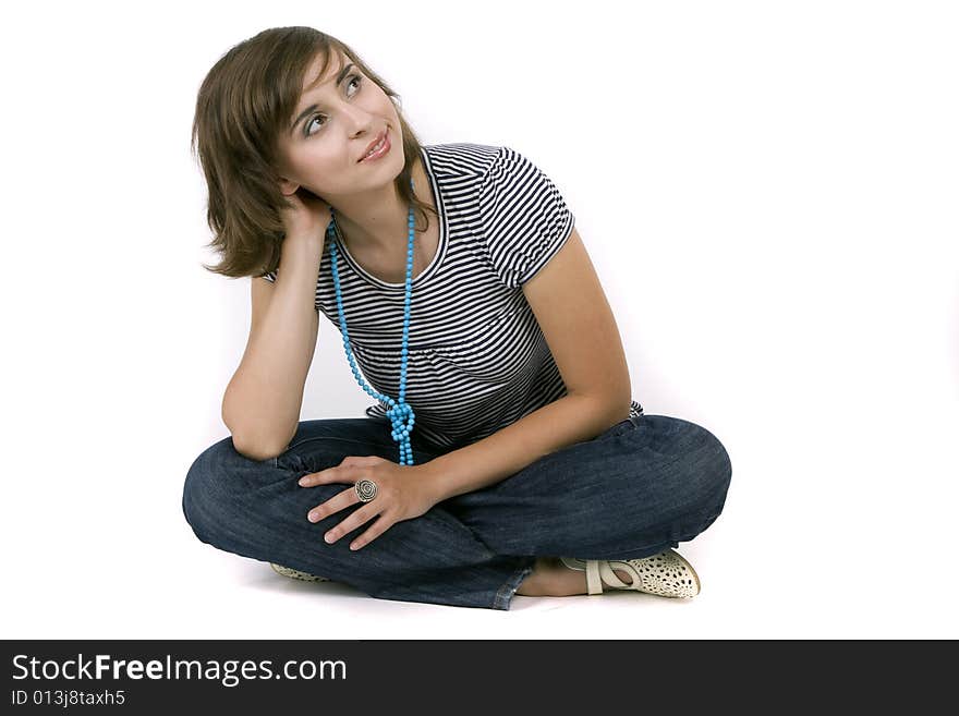 Young attractive woman on white background