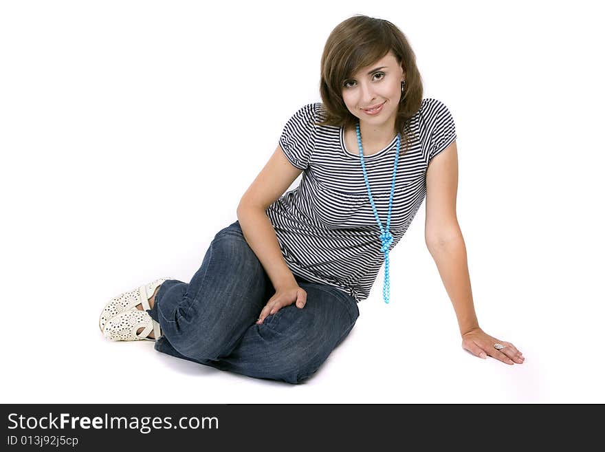 Young attractive woman on white background