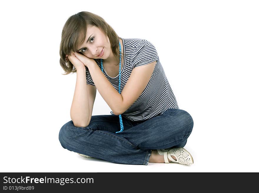 Young attractive woman on white background