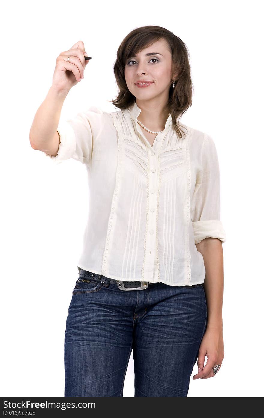 Young attractive woman on white background