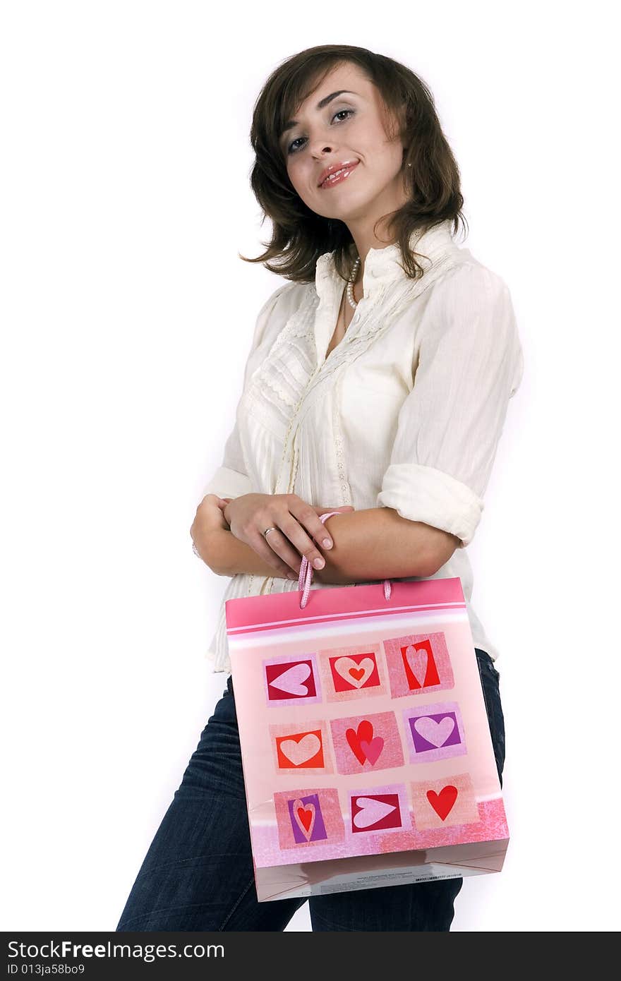 Young attractive woman on white background