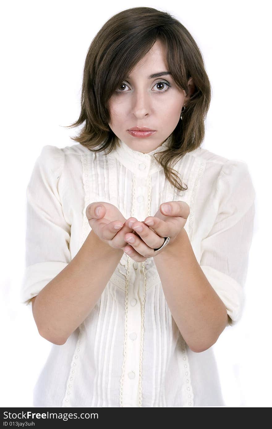 Young attractive woman on white background