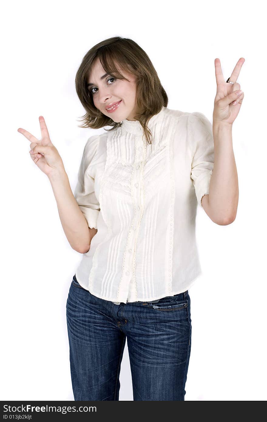 Young attractive woman on white background