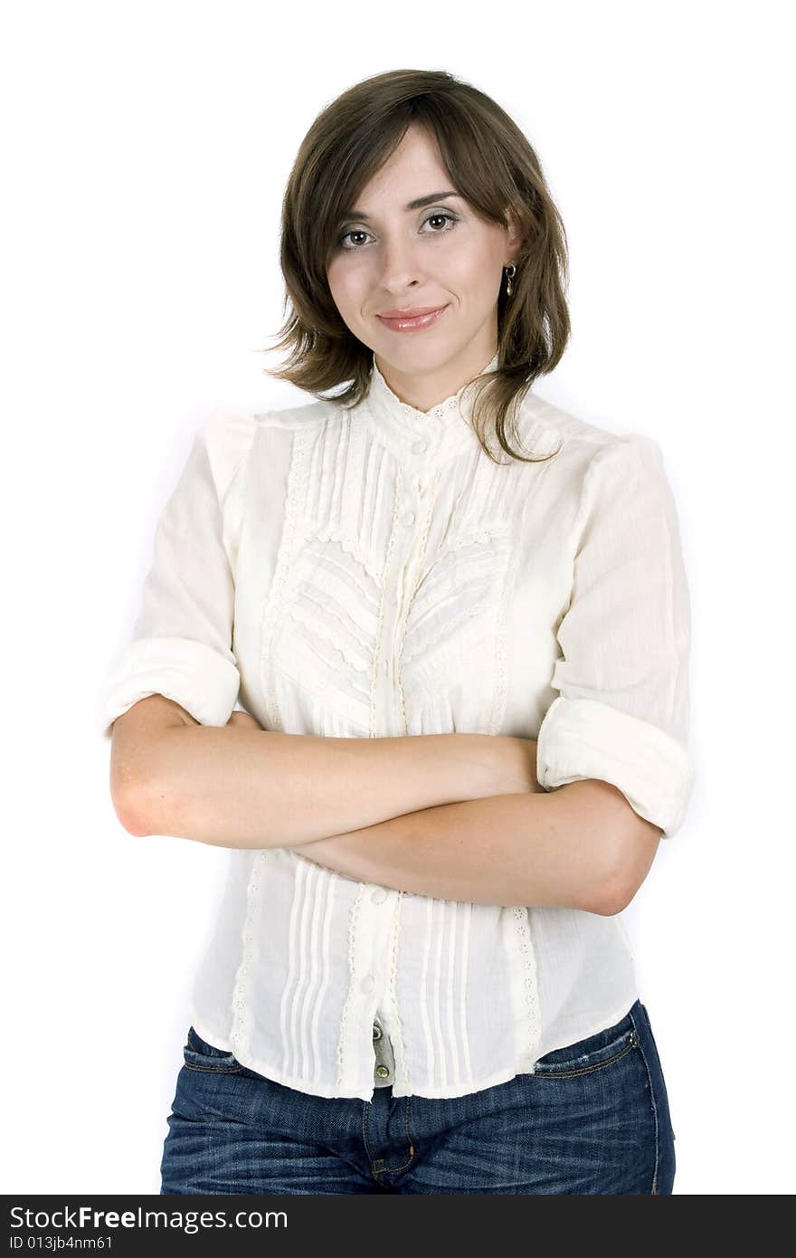 Young attractive woman on white background