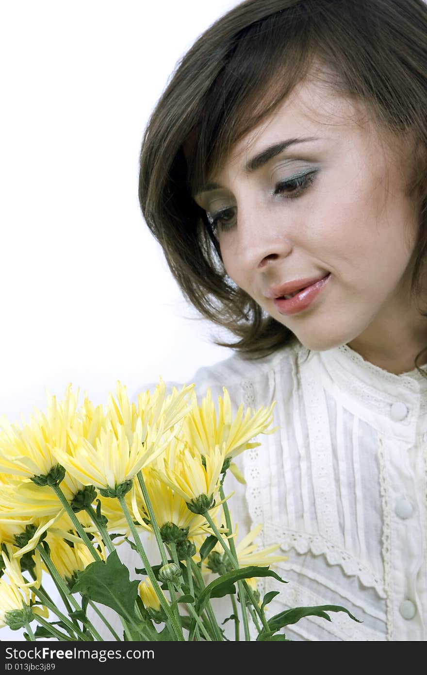 Young attractive woman on white background