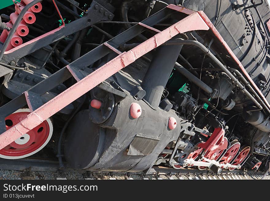 Red wheels of steam locomotive. Red wheels of steam locomotive