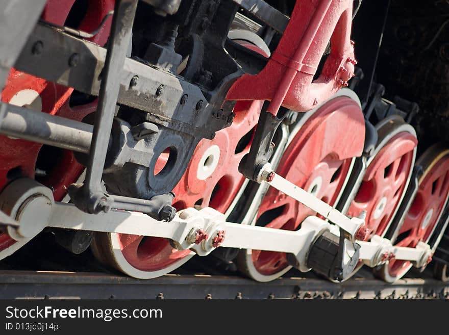 Red wheels of steam locomotive. Red wheels of steam locomotive