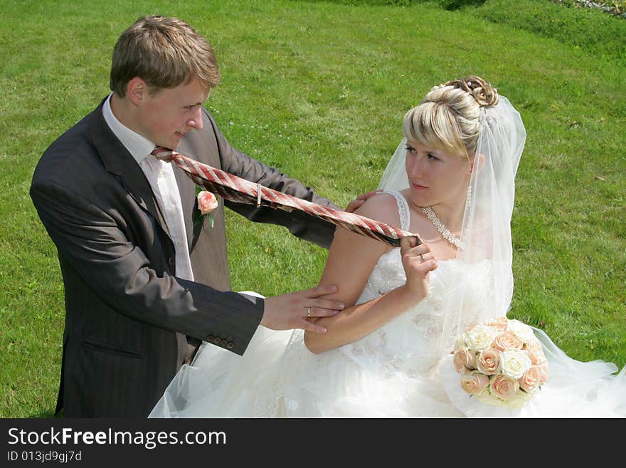 The groom and the bride during walk in park. The groom and the bride during walk in park