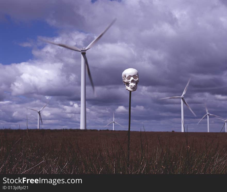 Human scull on pole in front of windfarm.