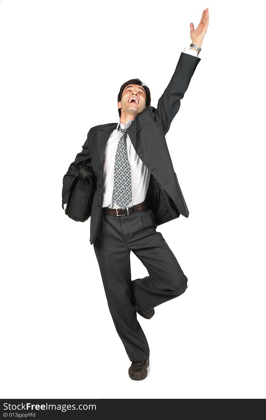 Armenian businessman with portfolio and lifted hand on white