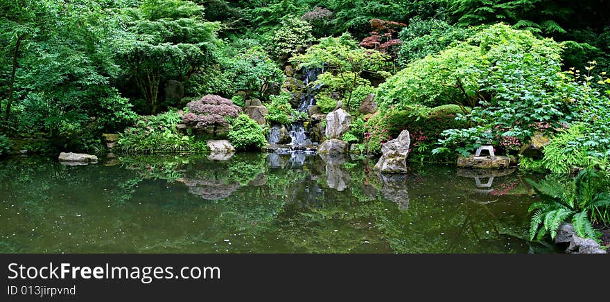 Reflecting pool with waterfall and bushes