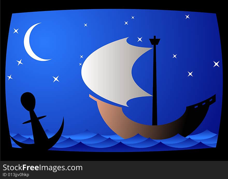 The picture of ship on the midnight sea. The picture of ship on the midnight sea