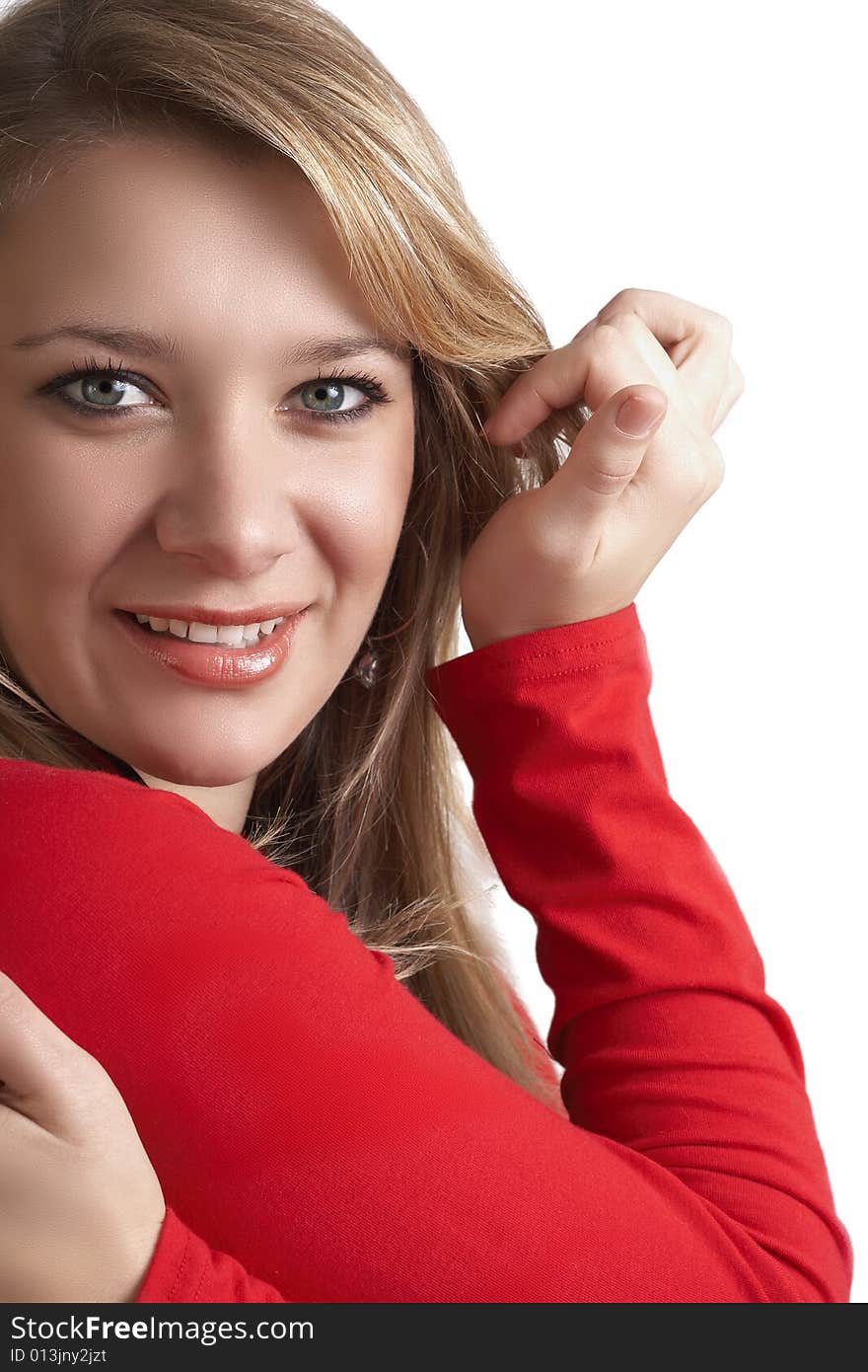 Portrait of beautiful blonde woman wearing a red top and smiling. Isolated on white background