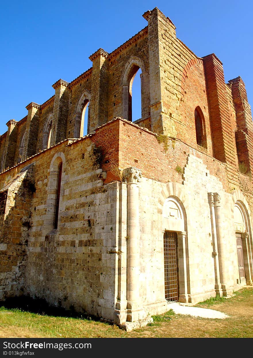 A beautiful shot of the outdoors of San Galgano abbey in Tuscany. A beautiful shot of the outdoors of San Galgano abbey in Tuscany