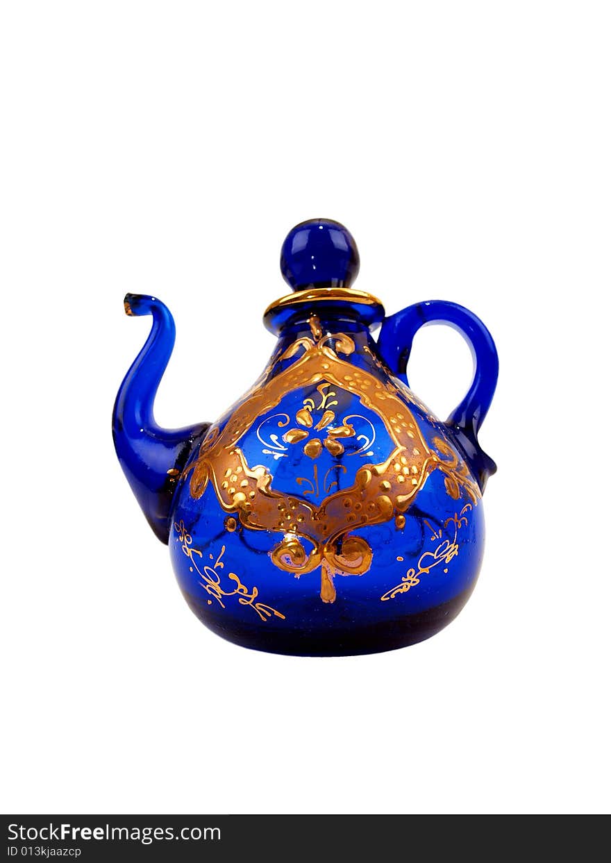 Crystal Blue gold colored Teapot right side view. Crystal Blue gold colored Teapot right side view