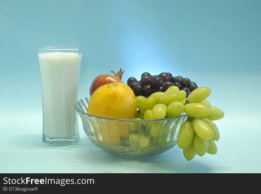 Still life with fruits & milk