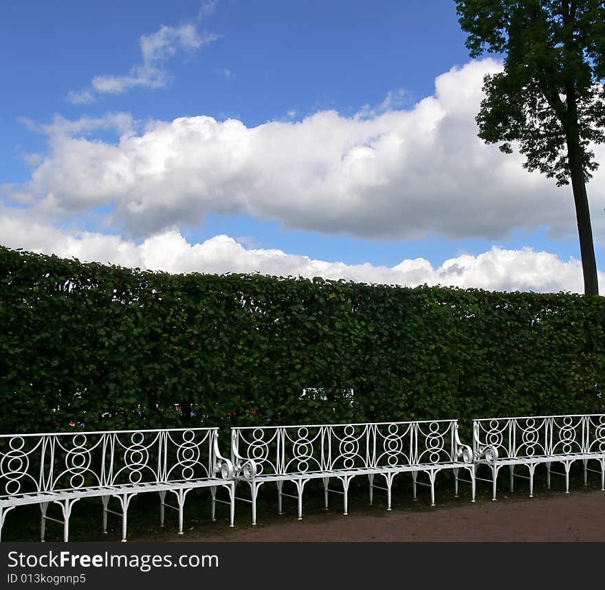 Bench in park and white clouds