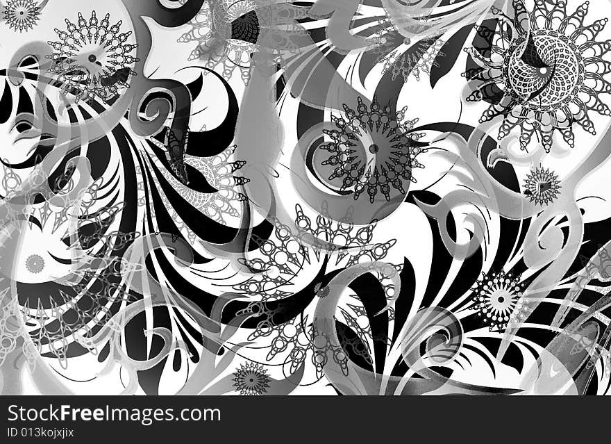 Abstract ethnic geometric scroll layout with mechanical star emblems and diffused scrolls. Abstract ethnic geometric scroll layout with mechanical star emblems and diffused scrolls