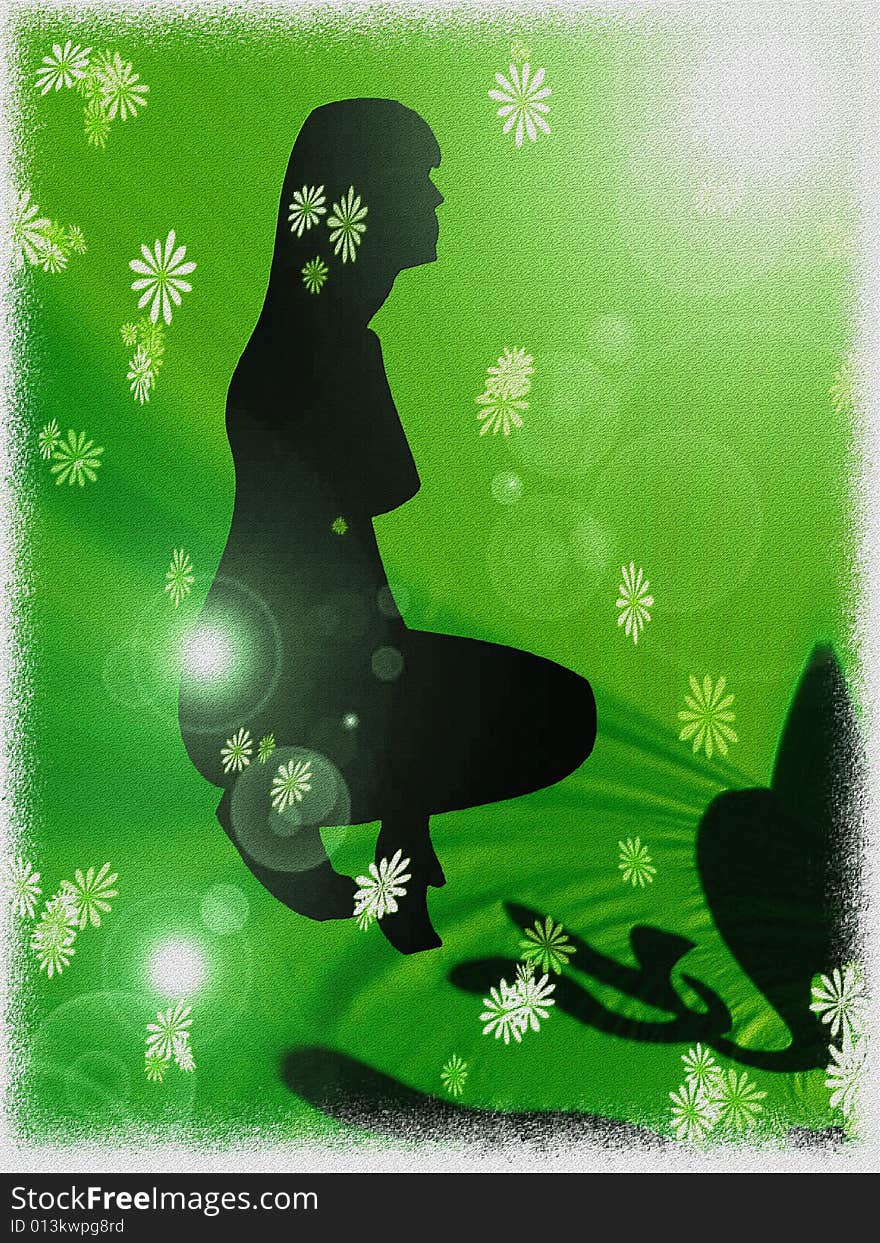 A sugestive background with the silhouette of a woman in a field of flowers. A sugestive background with the silhouette of a woman in a field of flowers