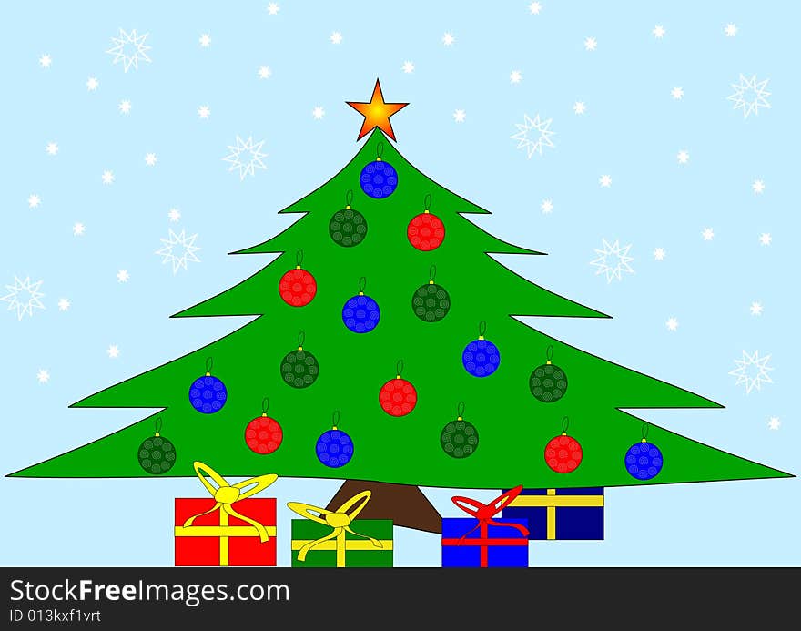 Colorful Christmas tree and gifts on light blue background. Colorful Christmas tree and gifts on light blue background