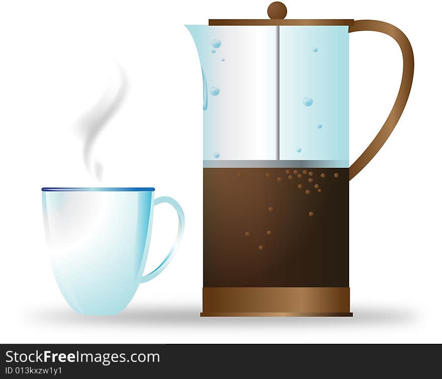 Hot coffee in the cup with coffee pot. Hot coffee in the cup with coffee pot