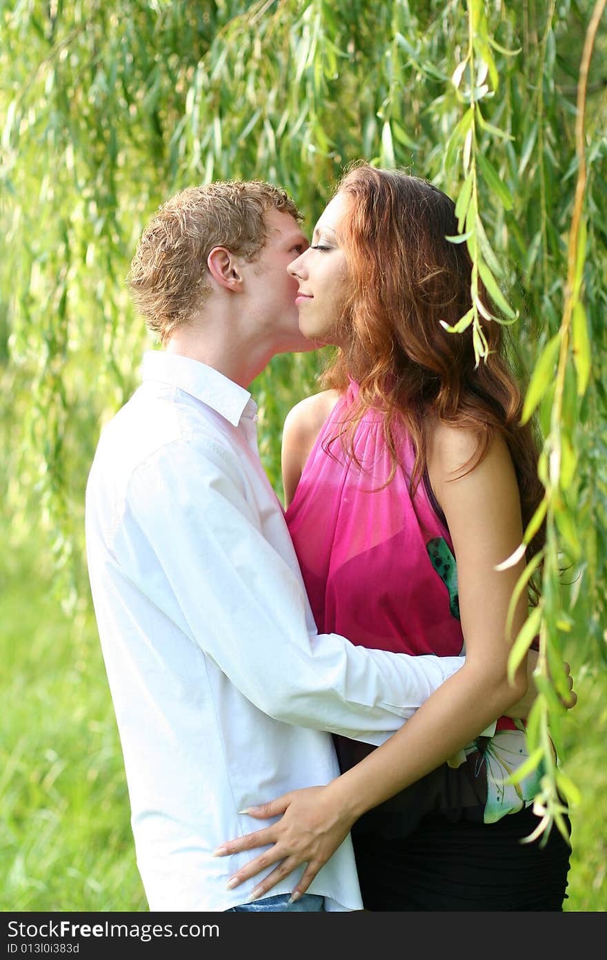 Cute young couple under green willow