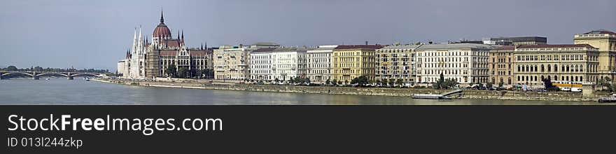 Panoramic view of Danube embankment in Budapest. Panoramic view of Danube embankment in Budapest.