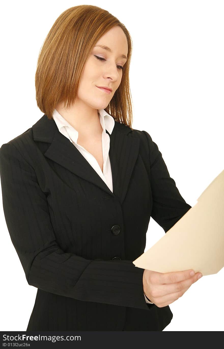 Shot of young pretty caucasian business woman looking at folder