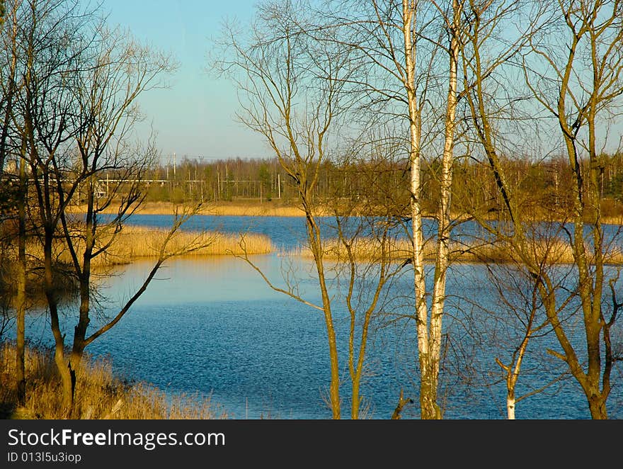 Lake in a sun day  early in spring