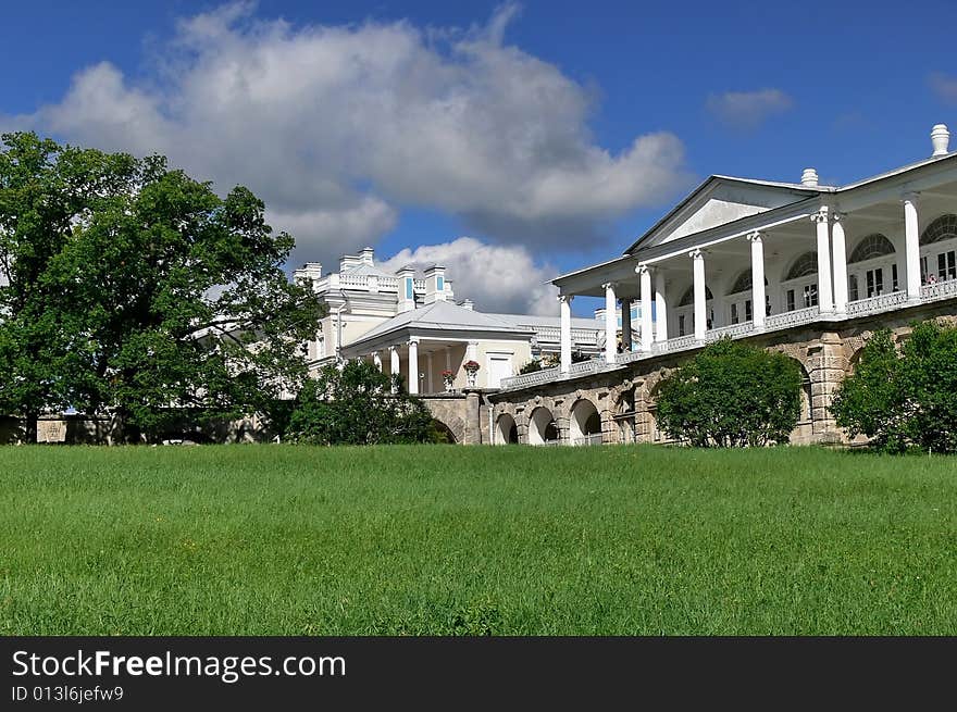 Lawn near a palace and the dark blue sky