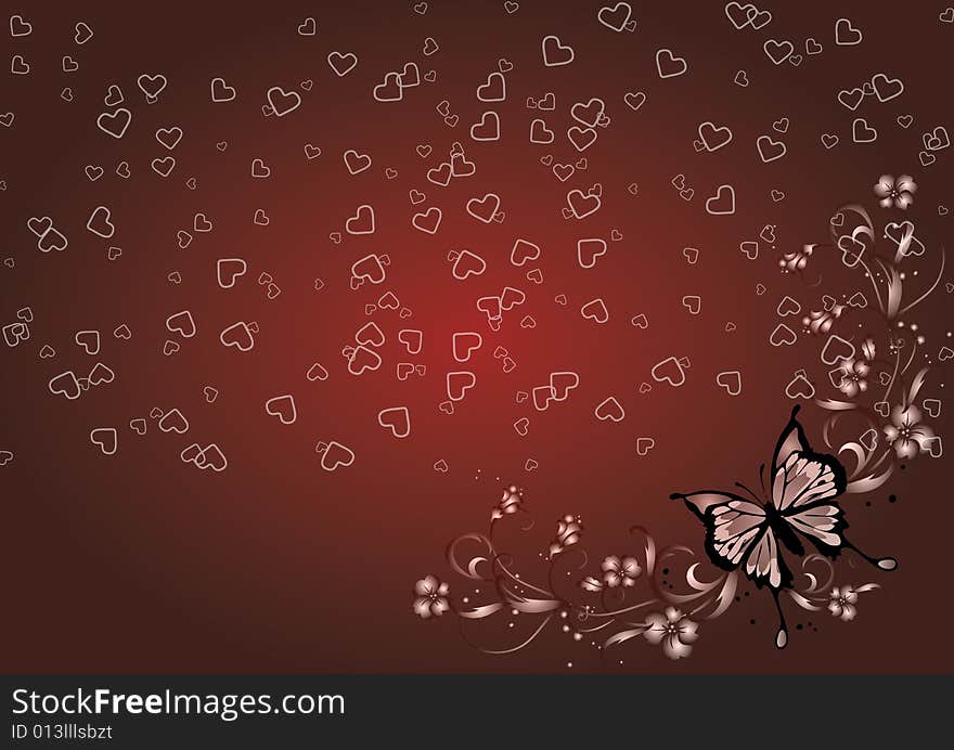 A floral design in a red background with butterfly.