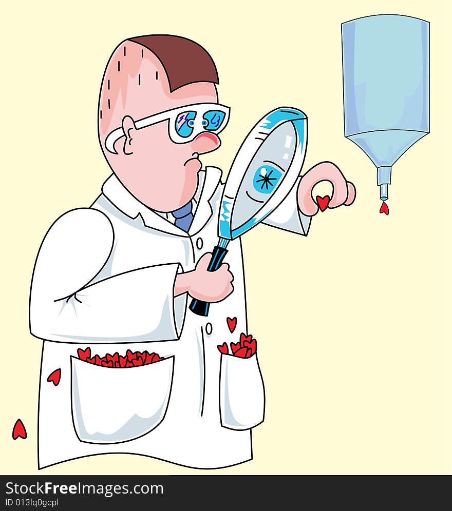 Searcher looking at a small heart with a magnifying glass. Searcher looking at a small heart with a magnifying glass