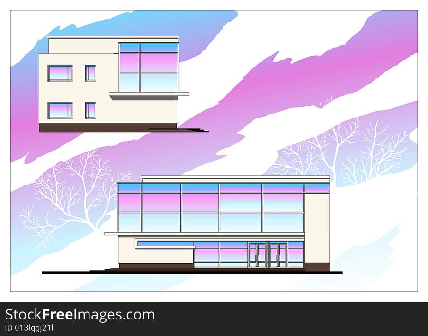 The drawing of a trading building. A forward and lateral facade. The drawing of a trading building. A forward and lateral facade.