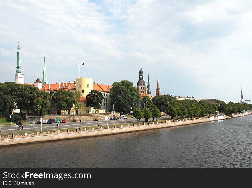 Panorama of Riga, kind on quay from outside the rivers