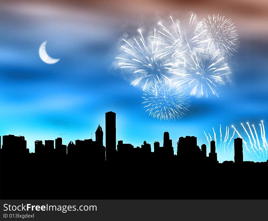 City skyline with fireworks in the cloudy sky. City skyline with fireworks in the cloudy sky