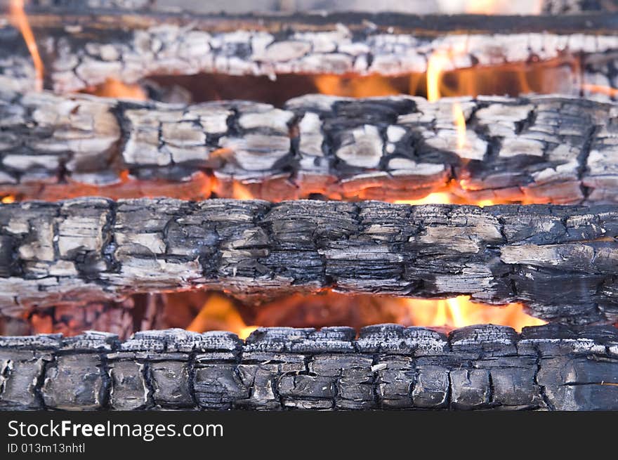 Scorched wood in flame