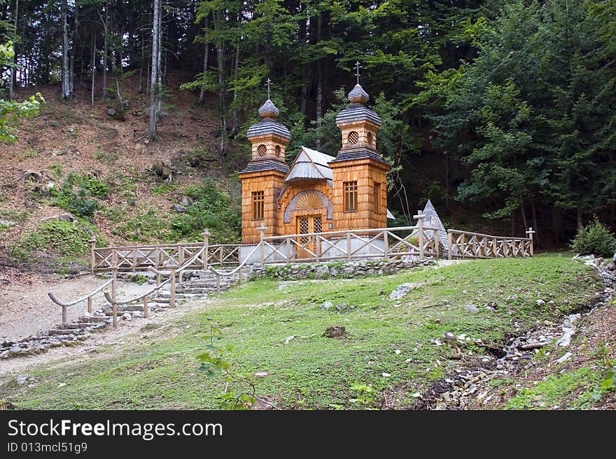 Russian chapel high in the woods.