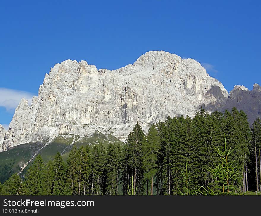 The Rosengarten (or Catinaccio in italian) rocks above a beautiful forest. The Rosengarten (or Catinaccio in italian) rocks above a beautiful forest.