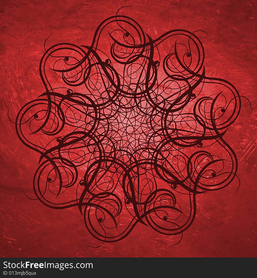 Red floral illustration with flourish patterns