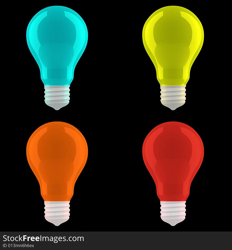 Four bright colored bulbs (light blue, yellow, orange, red) on a black background. Four bright colored bulbs (light blue, yellow, orange, red) on a black background