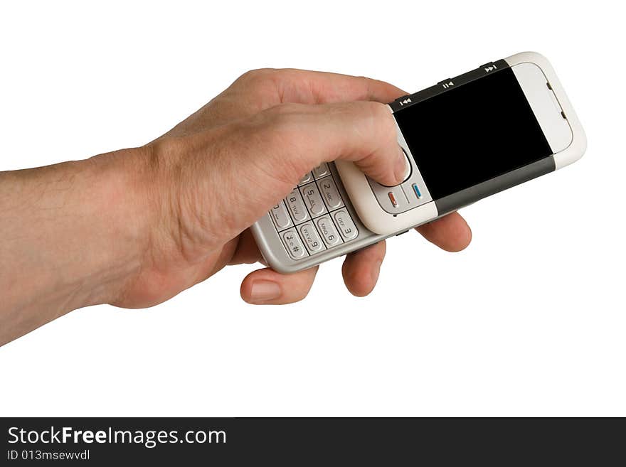 Phone in a hand on a white background