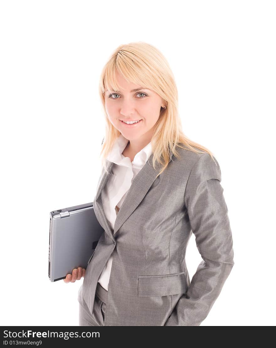 Smiling Businesswoman Holding Laptop