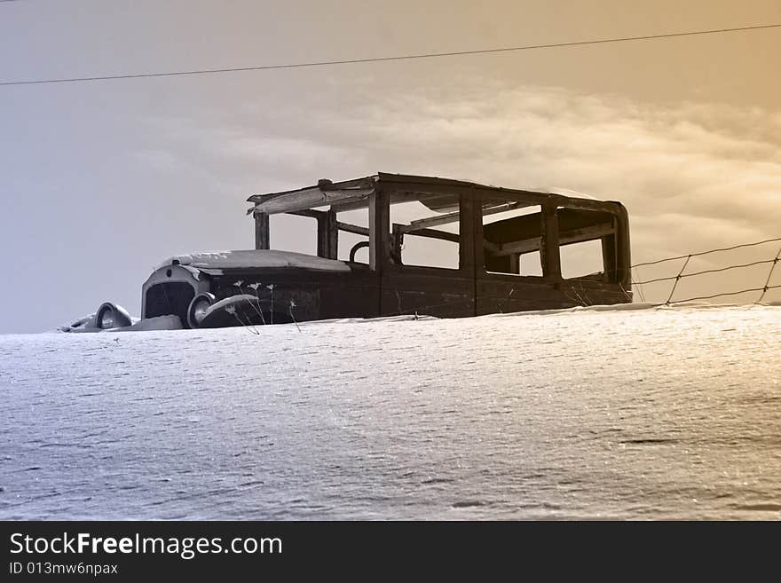 Photo of the old car on the road. Photo of the old car on the road