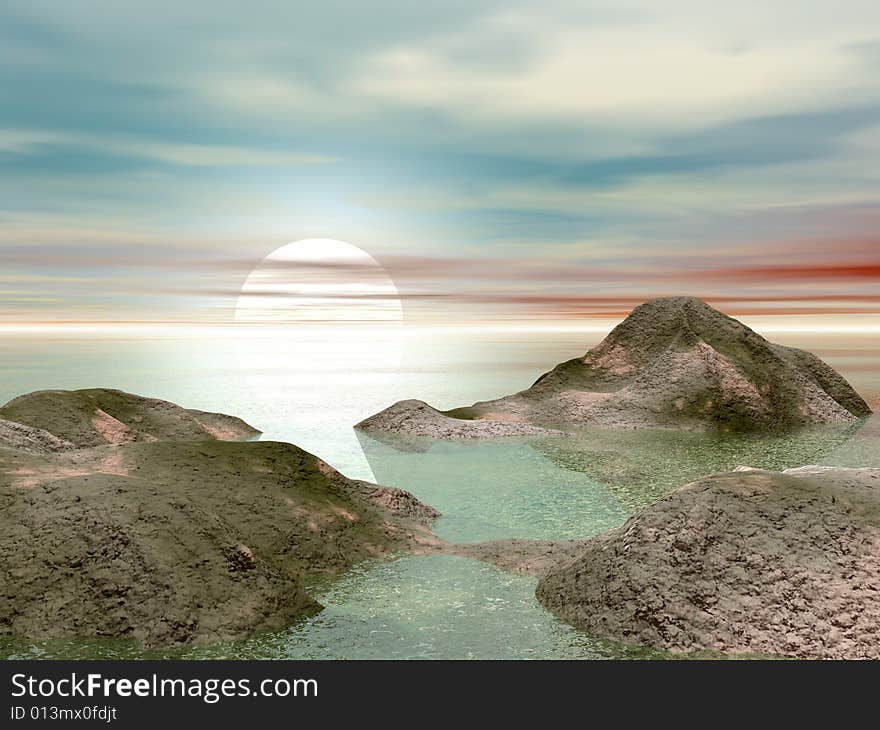 Beautiful sunrise on the shore - 3d landscape