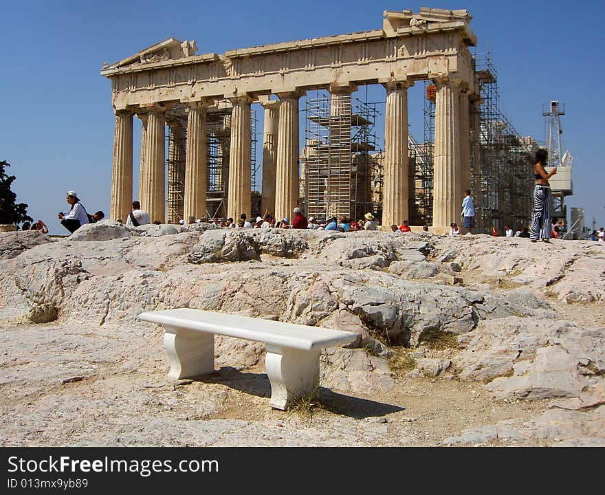 The white bench in front of Parfenon. The white bench in front of Parfenon.