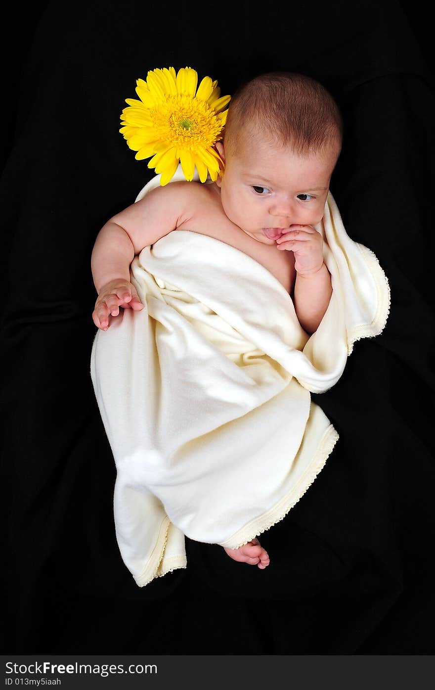 A little cute baby portrait with yellow flower. A little cute baby portrait with yellow flower